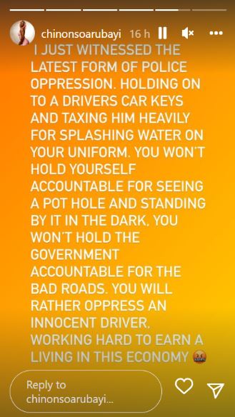 Actress Chinonso Arubayi Recounts Witnessing A Police Officer Allegedly Trying To Extort A Motorist For Splashing Water On His Uniform