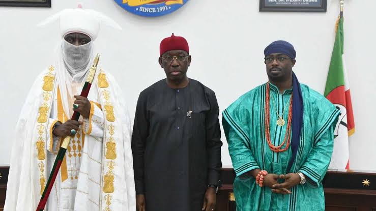 Governor Ifeanyi Okowa, the PDP vice-presidential candidate, and the Emir of Kano, Aminu Ado Bayero