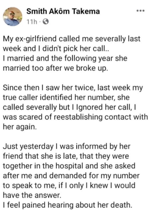 I was scared of reestablishing contact with her - Married Nigerian man expresses regrets over ex-girlfriend's death days after he ignored her phone calls