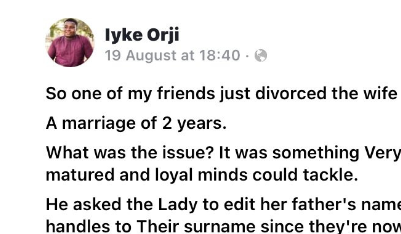 Man divorces his wife for refusing to change her surname to his in all her documents and social media handles