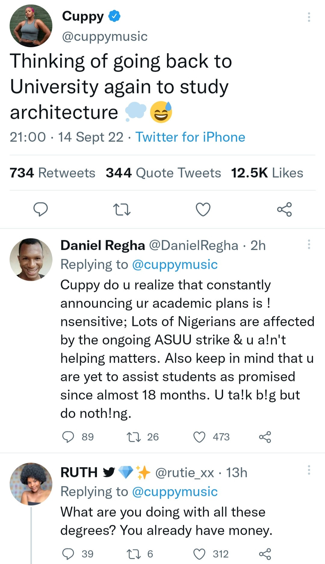 Twitter users react as DJ Cuppy reveals she's considering getting a degree in architecture after getting 2 master's degrees