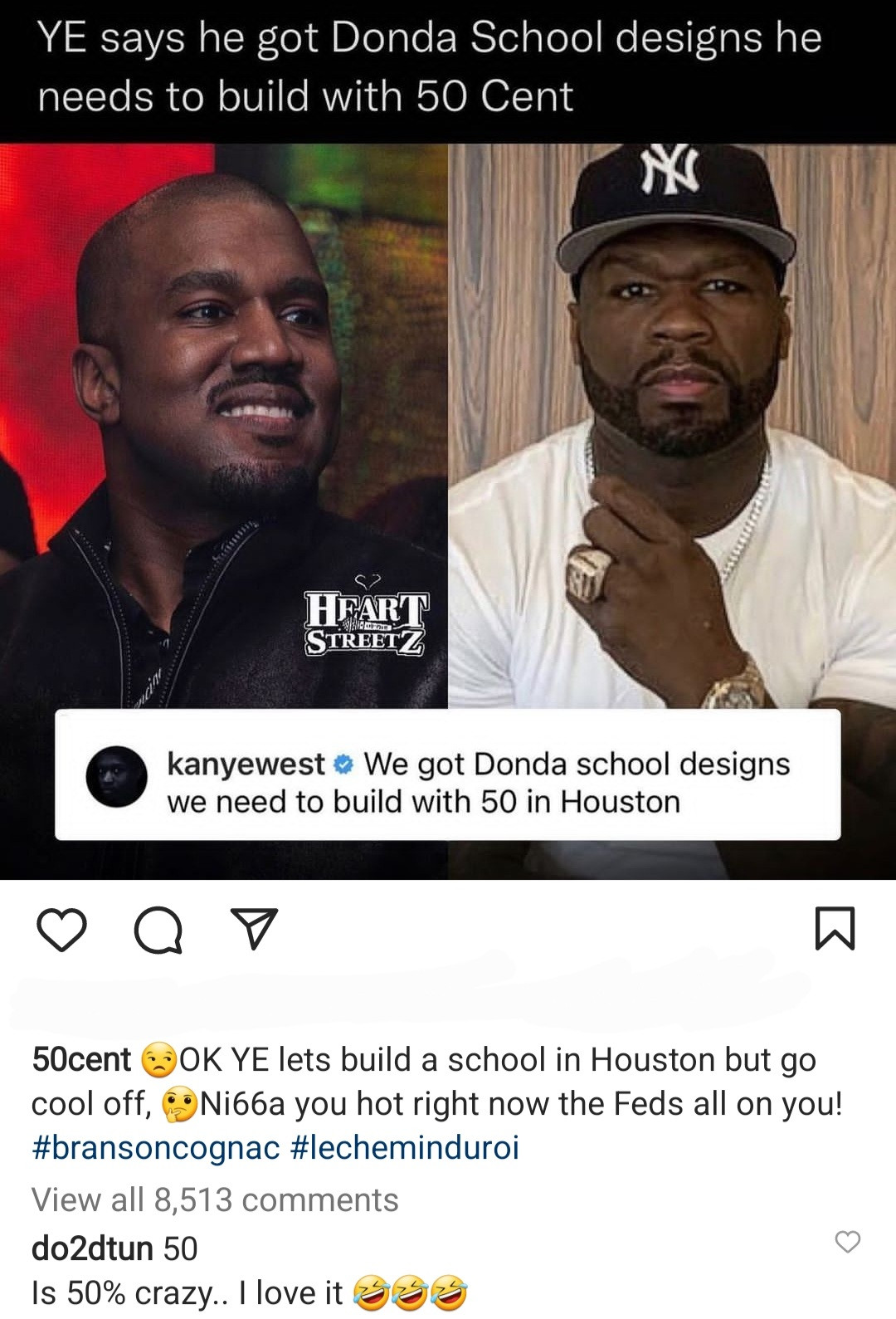 50 Cent reacts after Kanye West asked to collaborate with him to build Donda school in Houston