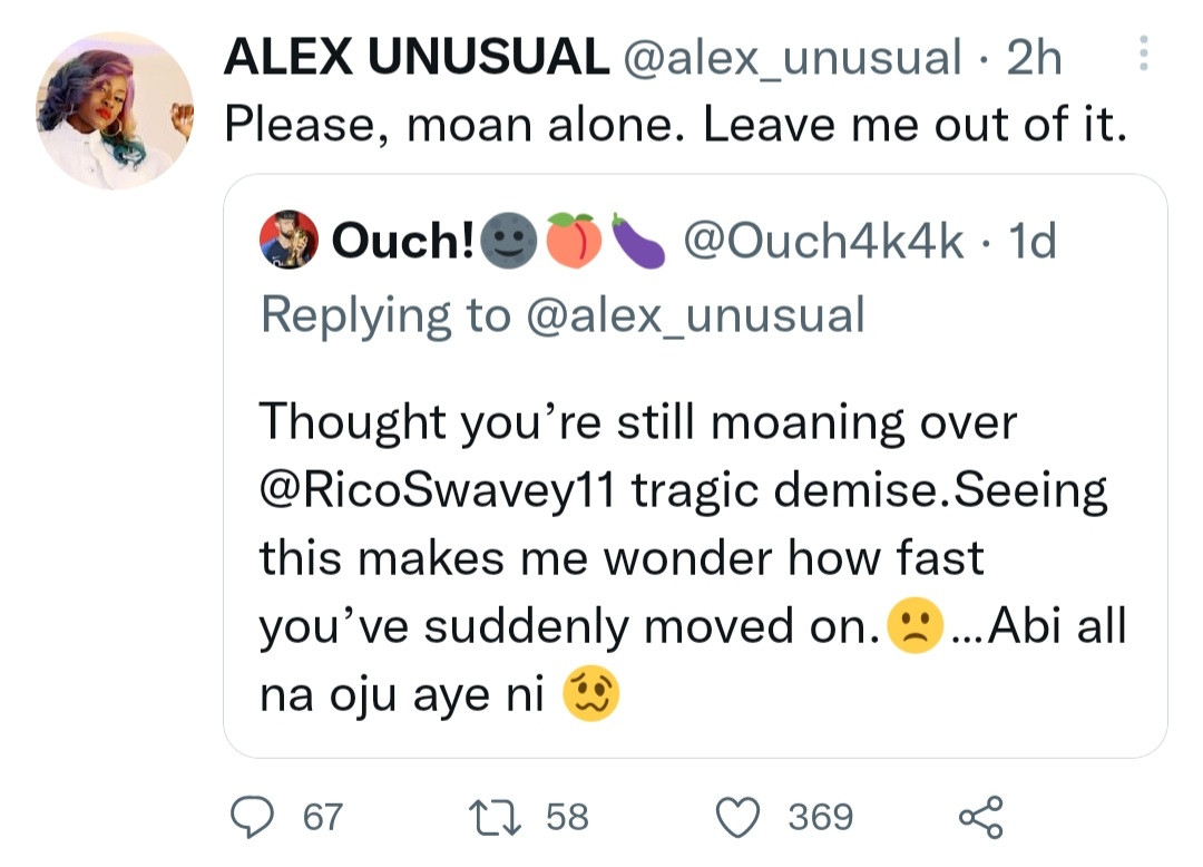 Alex Unusual responds after a follower called her out for posting new photos of herself days after her friend, Rico Swavey, was buried 2