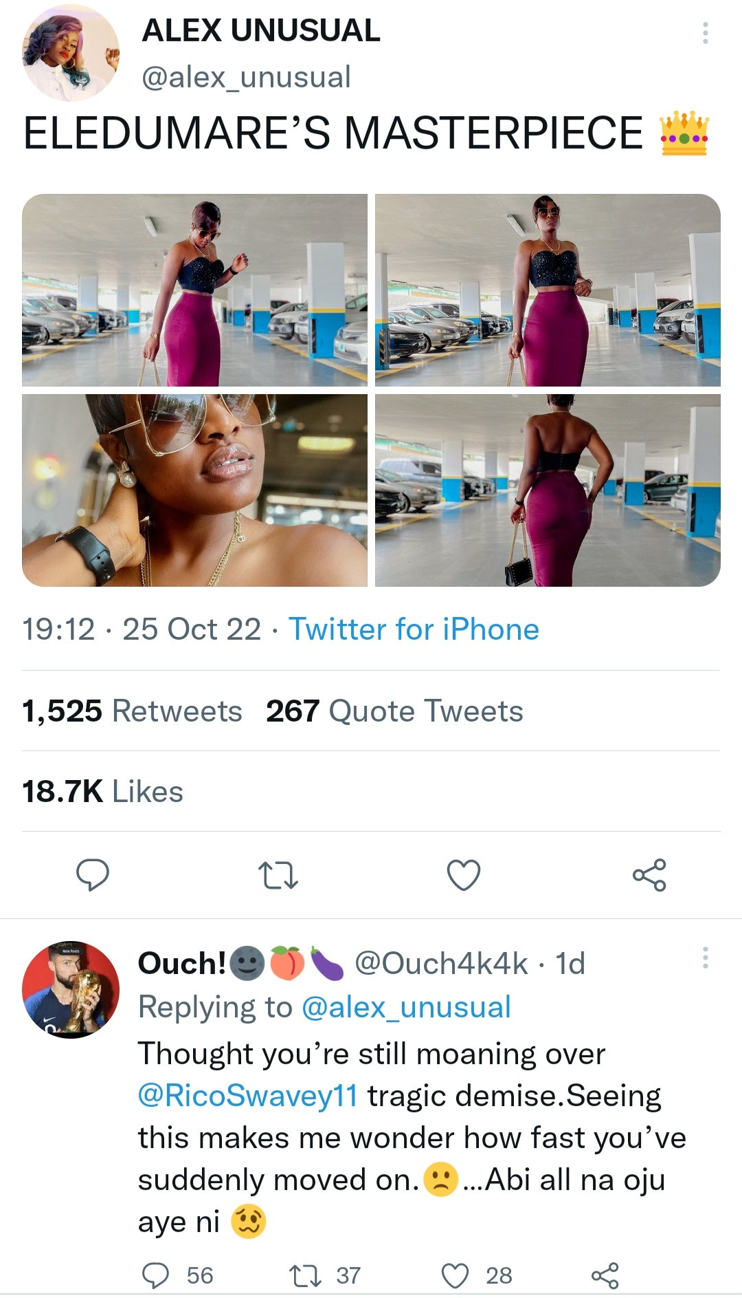 Alex Unusual responds after a follower called her out for posting new photos of herself days after her friend, Rico Swavey, was buried