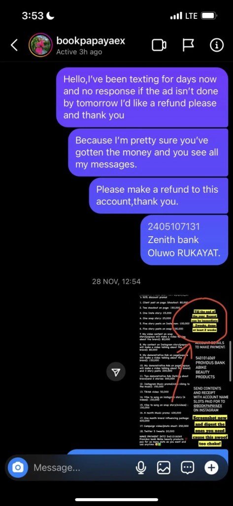 Vendor calls out Influencer Papaya Ex for not promoting her business two weeks after receiving payment