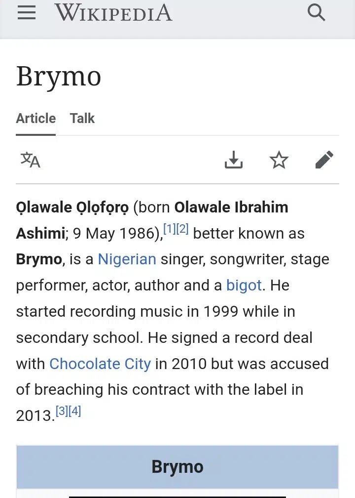 Angry fan adds ‘b!got’ to Brymo’s Wikipedia profile over offensive comment on Igbo presidency