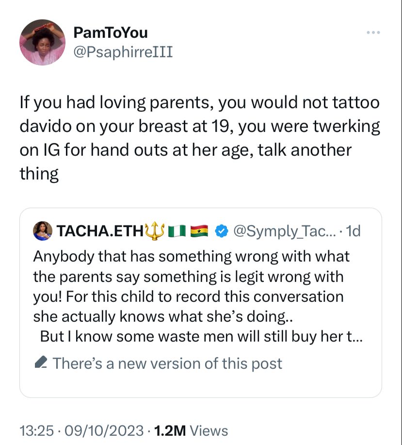 “You tattooed Davido on your chest and were twǝrking on Instagram at her age” – Lady knocks Tacha for critcizing girl who asked her parents for iPhone 8