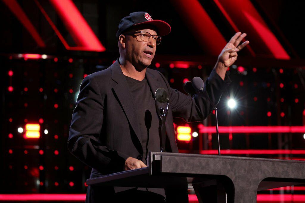 Tom Morello of Rage Against the Machine speaks onstage during the 38th Annual Rock Roll Hall Of Fame Induction Ceremony at Barclays Center on November 03 2023 - Thrill NG